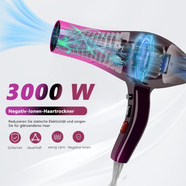 Sèche-cheveux ionique 3000W diffuseur avec 2 vitesses 3 Températures de chaleur et bouton Cool Shot pour maison voyage salon – Image 4