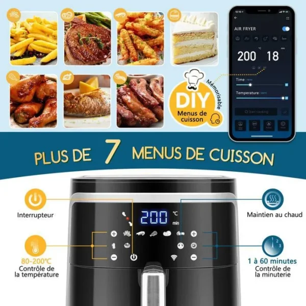 Aigostar Smart Cube - Friteuse à air connectée Wifi, grande capacité de 7L. 0% BPA, 1900W. 7 programmes + maintien au chaud. – Image 6