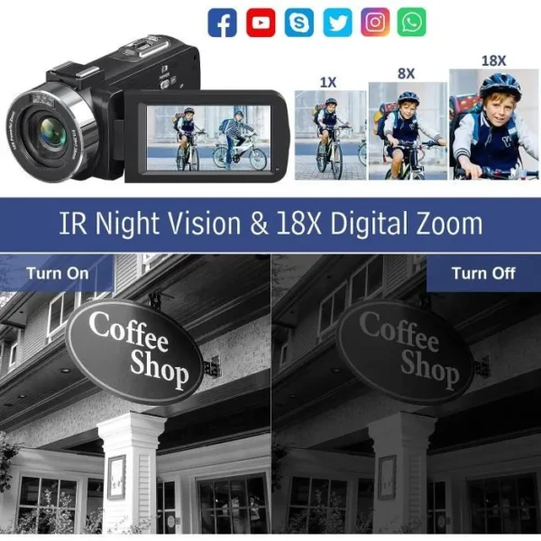 BAZARLAND30.Caméscope 4K Caméra vidéo 48MP 30FPS Vision Nocturne Infrarouge Zoom Numérique 18X – Image 3