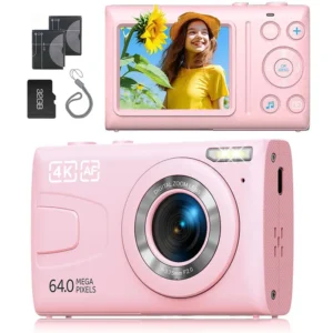 JEEMAK Appareil Photo Numérique Compact 4K 64MP 2.4" écran LCD Zoom 18X Appareil Photo Caméra pour enfant, adolescent - Rose