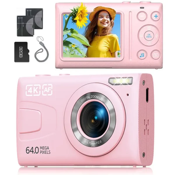 JEEMAK Appareil Photo Numérique Compact 4K 64MP 2.4" écran LCD Zoom 18X Appareil Photo Caméra pour enfant, adolescent - Rose