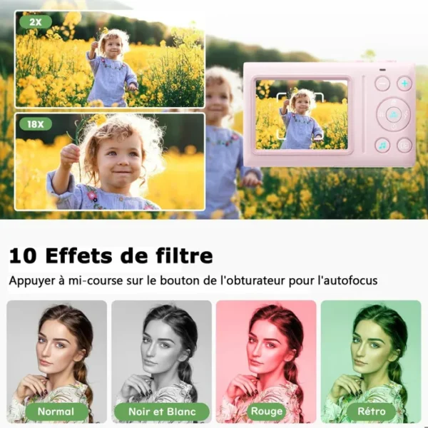 JEEMAK Appareil Photo Numérique Compact 4K 64MP 2.4" écran LCD Zoom 18X Appareil Photo Caméra pour enfant, adolescent - Rose – Image 5