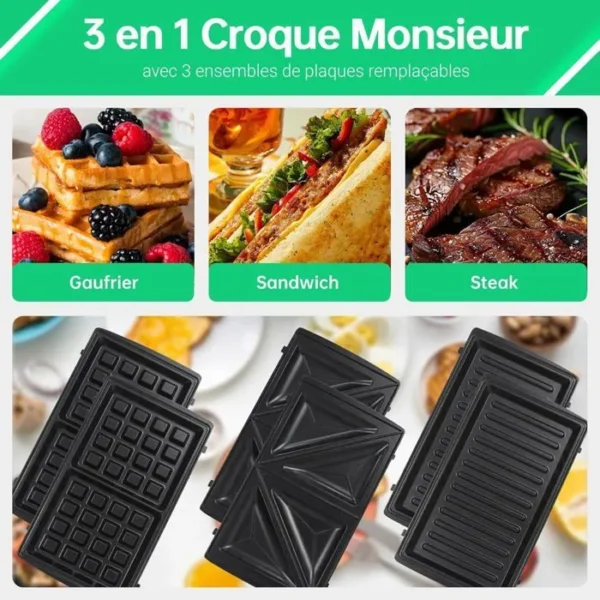 OZAVO - 3 en 1 APPAREIL CROQUE MONSIEUR Sandwich Grill, Toaster Croque Gaufre 750W – Image 6