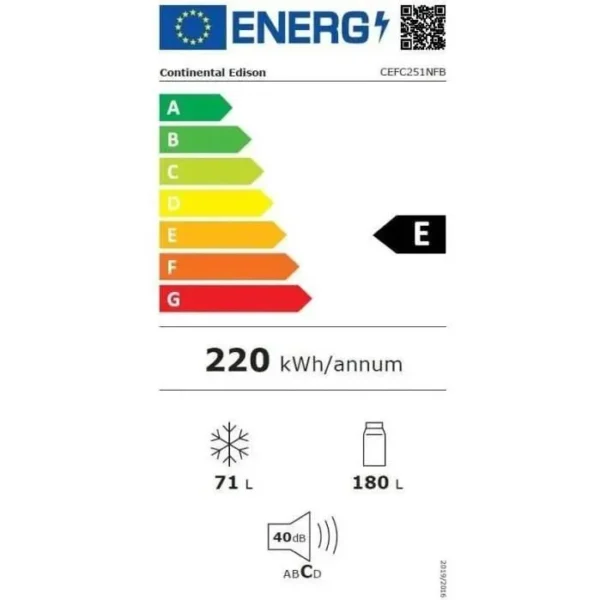 Réfrigérateur congélateur bas CONTINENTAL EDISON - 251L -Total No Frost(Sans givre) - Noir - L 55 cm x H 180 cm – Image 4